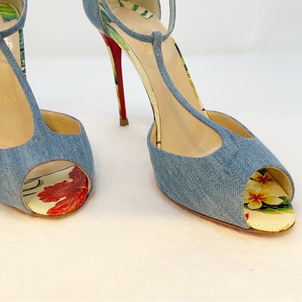 Christian Louboutin Senora 100 T-Strap Sandal Denim EU 39.5 | Red Sole - Picture 3 of 17
